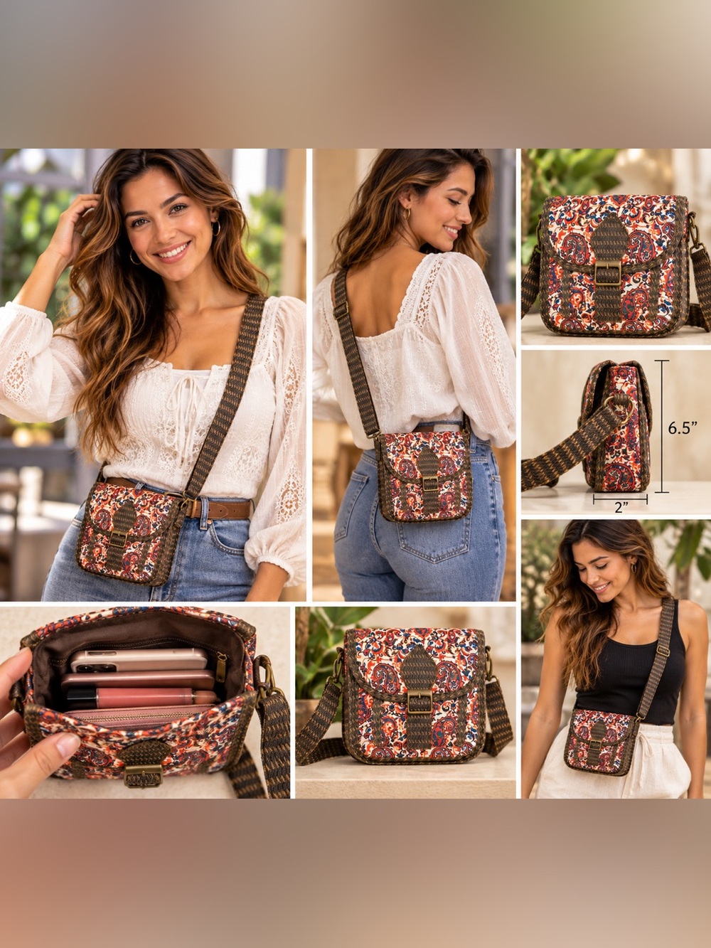 Small Boho Paisley Crossbody Bag with Adjustable Strap